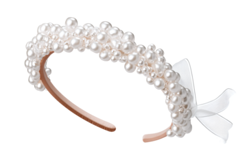Elegant pearl-studded headband with sheer white ribbon bow, isolated on white transparent background