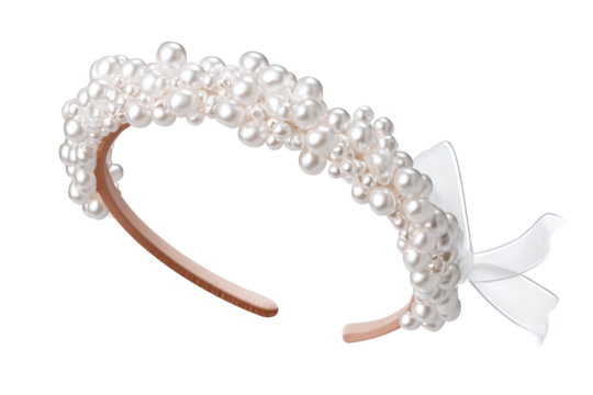 Elegant pearl-studded headband with sheer white ribbon bow, isolated on white transparent background - Powered by Adobe