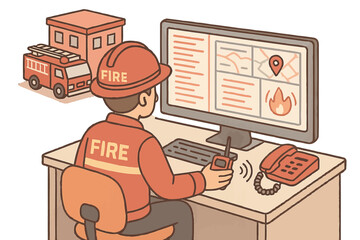 Emergency fire management station with firefighter analyzing maps and alerts on computer