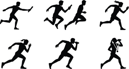 Athletes running relay race, baton handoff, sprinting competition, male and female runners, sports teamwork, athletic training, race finish, endurance running, fitness event.