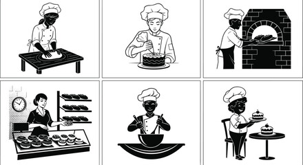 Black and white illustrations of bakers preparing dough, decorating cakes, baking bread, selling pastries, mixing batter, serving desserts