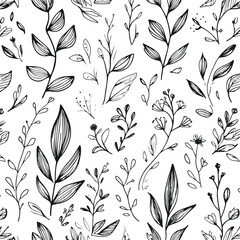 Fototapeta premium Abstract Leaf Doodle Seamless Pattern, thick black botanical line art with natural organic shapes, minimalist hand-drawn vector background, eco-friendly design for skincare and herbal products