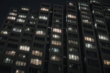 Obraz premium Nighttime View of an Illuminated Apartment Building