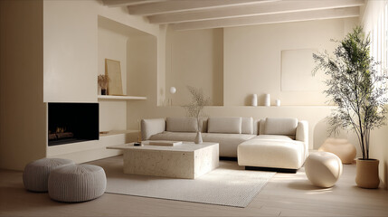 Fototapeta premium Minimalist Living Room with Fireplace | Neutral Interior with Sectional Couch | Modern Living Room with Coffee Table and Potted Tree