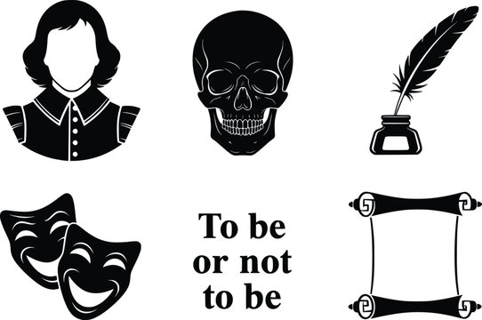 Classic shakespearean symbols set with hamlet's famous quote and theatrical masks