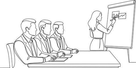 Business meeting illustration, office teamwork presentation, manager explaining chart, corporate training, seminar discussion, strategy planning, team learning, professional communicatio