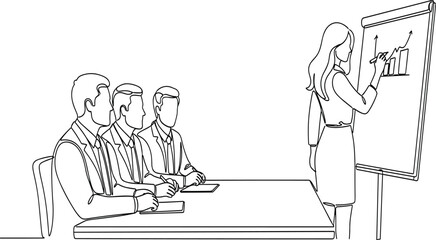 Business meeting illustration, office teamwork presentation, manager showing growth chart, corporate training seminar, strategy planning, leadership skills, professional communication, group