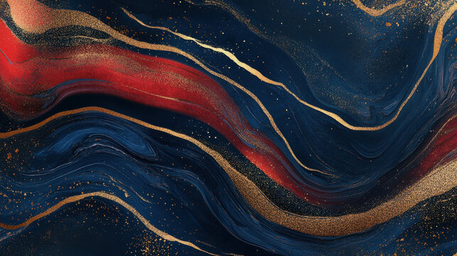 Abstract liquid marble texture with metallic gold, navy blue, and deep red swirls, adding an elegant and luxurious effect &mdash;ar 16:9 