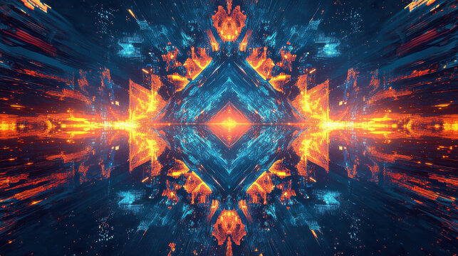 Abstract mirrored symmetry with intricate geometric fractals, glowing neon highlights, and futuristic motion effects &mdash;ar 16:9 