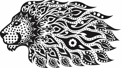 Fototapeta premium Detailed black and white lion head with decorative patterns and floral elements in a tribal style design | editable eps vectors silhouette
