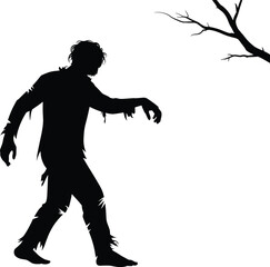 Creepy zombie silhouette walking under spooky tree branch, horror Halloween vector illustration, scary undead monster graphic design for dark themed artwork