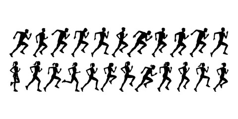 runner silhouette vector set, running man woman sequence, motion, athletic vector illustration, dynamic jog, fitness movement animation, isolated runners on white, exercise illustration, human activit