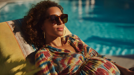 Pregnant model relaxing by the poolside, embracing the summer glow
