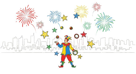 Fototapeta premium Jester juggling with balls, stars, and hoop in front of a city skyline and fireworks in a