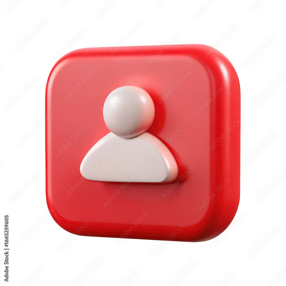 Poster 3d user icon profile symbol on a rounded square red button transparent background