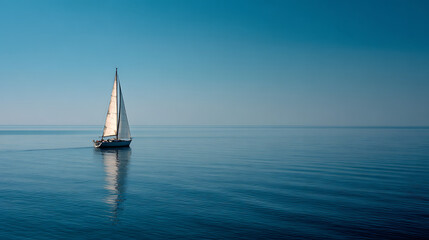 Obraz premium Sailboat gliding peacefully across calm waters during early morning hours