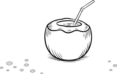 Hand drawn coconut drink with straw, tropical summer beverage illustration, exotic fruit refreshment, beach style sketch, healthy organic juice vector
