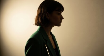 Side profile of young caucasian female in green jacket against soft light