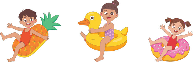 Happy children swimming with inflatable pool toys, summer fun kids floating, cartoon illustration of pineapple, duck, donut float, vacation activity