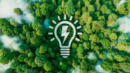 Symbol of a lightbulb with a lightning bolt inside superimposed over a lush green forest canopy