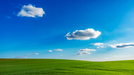 Fototapeta premium Vast green meadow under a bright blue sky with scattered fluffy white clouds