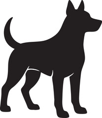 Dog silhouette with pointed ears and curved tail, standing pose vector for pet care, signage, logo, and design themes