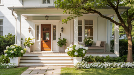 Charming white colonial home entrance with lush greenery and welcoming front porch