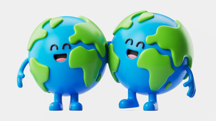 Two adorable cartoon earth characters hugging and smiling together