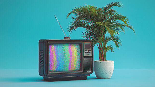 A black retro television with a glitchy screen emits distorted light and static noise, evoking nostalgia and vintage digital chaos on blue background 