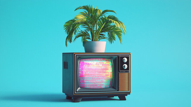 A black retro television with a glitchy screen emits distorted light and static noise, evoking nostalgia and vintage digital chaos isolated on blue background 