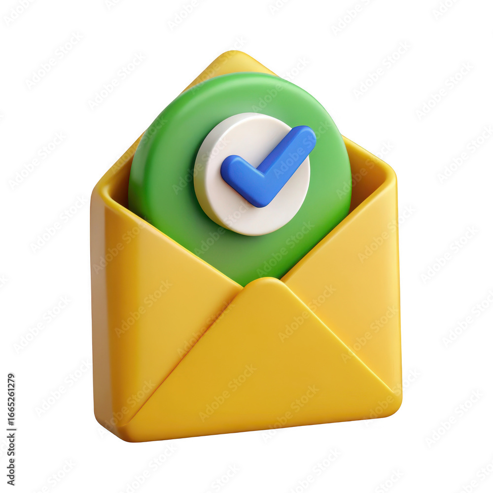Poster 3d yellow envelope with green checkmark confirmation icon transparent background