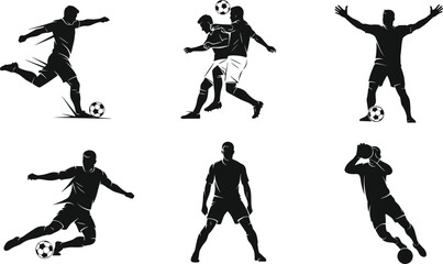 Silhouette of soccer players in various action poses, football match illustrations, dynamic sports movements, professional athlete vector set