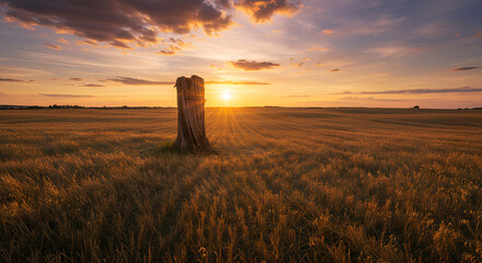 A weathered tree stump in a golden field at sunset. A symbol of resilience, change, and the passage of time in a beautiful, natural landscape.