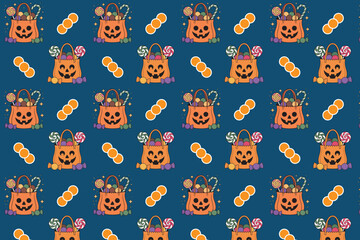 Pattern of Pumpkin Buckets with Halloween Candy