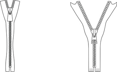 Vector illustration of zipper icon, open and closed zip fastener, clothing accessory, garment closure tool, fashion design, textile hardware element