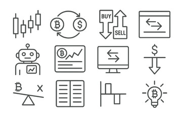 Crypto Trading Icons. Line style icons of crypto trading: candlestick chart, trading pair symbol, buy/sell arrows, limit order