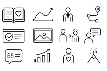 Business Storytelling Icons. Line style icons of business storytelling: brand story icon, emotional arc, founder journey,