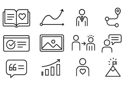 Business Storytelling Icons. Line style icons of business storytelling: brand story icon, emotional arc, founder journey,