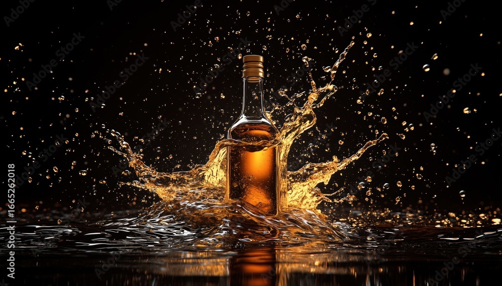 Aufkleber liquor splashing around bottle, against black background - an abstract and dynamic image capturing t