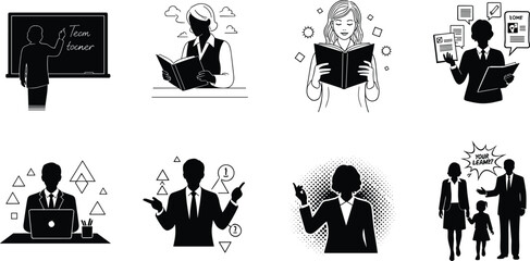 Silhouettes of teachers, students, and professionals in education and learning scenes, classroom illustrations, career development, training vector set