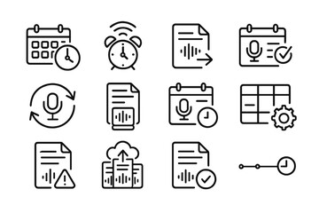Podcast Scheduling Icons. Line style icons of podcast scheduling: calendar with clock, publish timer, release plan, weekly slot