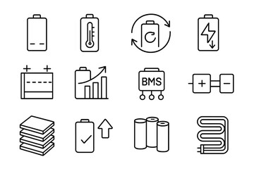 EV Battery Icons. Line style icons of EV battery technology: lithium-ion cell, battery temperature icon, battery cycle count,