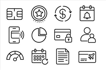 Smart Credit Card Icons. Line style icons of smart credit card use: credit card chip, reward points icon, cashback badge, due date