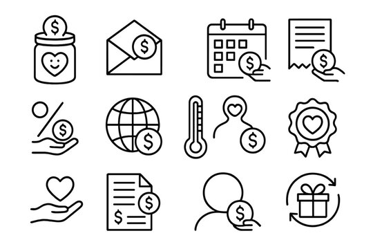 Charitable Giving Icons. Line style icons of charitable giving and tithing: donation jar, tithe envelope, giving calendar,