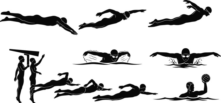 Swimming and water sports silhouettes, swimmer diving, freestyle, butterfly stroke, water polo player, pool, athletic aquatic sports vector set