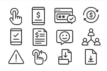 Digital Transaction Icons. Line style icons of digital transaction journey: initiate payment button, confirm amount screen, OTP