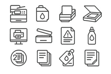 Printing Tools Icons. Line style icons of printing and copying tools: multifunction printer, ink cartridge icon, paper tray level,