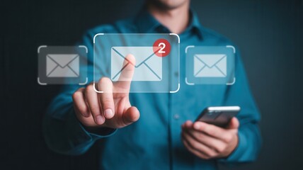 Business professional checking important email notifications on a futuristic digital interface, conveying digital communication and connection