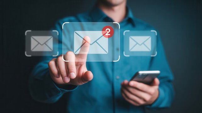 Business professional checking important email notifications on a futuristic digital interface, conveying digital communication and connection