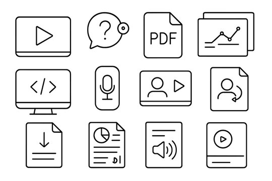Online Learning Icons. Line style icons of online learning content formats: video tutorial icon, interactive quiz tag, PDF